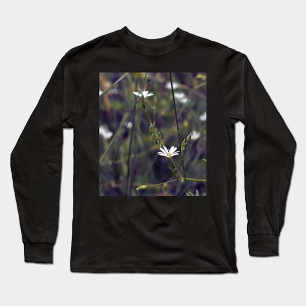 Tiny white flower on the grass background Long Sleeve T-Shirt by lena-maximova
